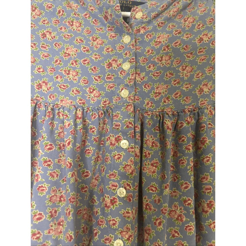 Polo Ralph Lauren Girls Size 7 Blue Floral Button Front Ruffle Hem Dress Pockets - Picture 5 of 9